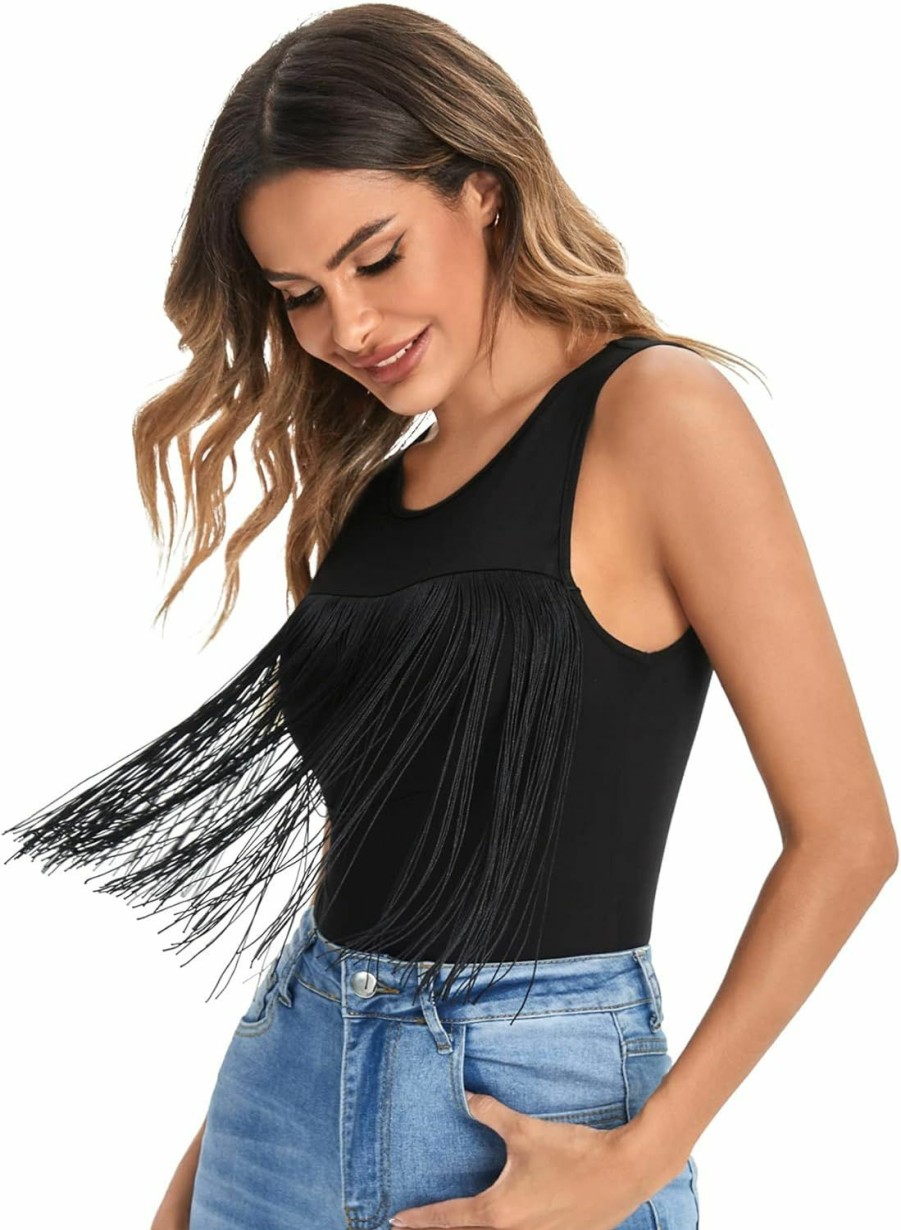 Milumia Milumia Women'S Casual Fringe Trim Tank Top Sleeveless Round Neck Bodysuit Jumpsuit | Bodysuit Tops