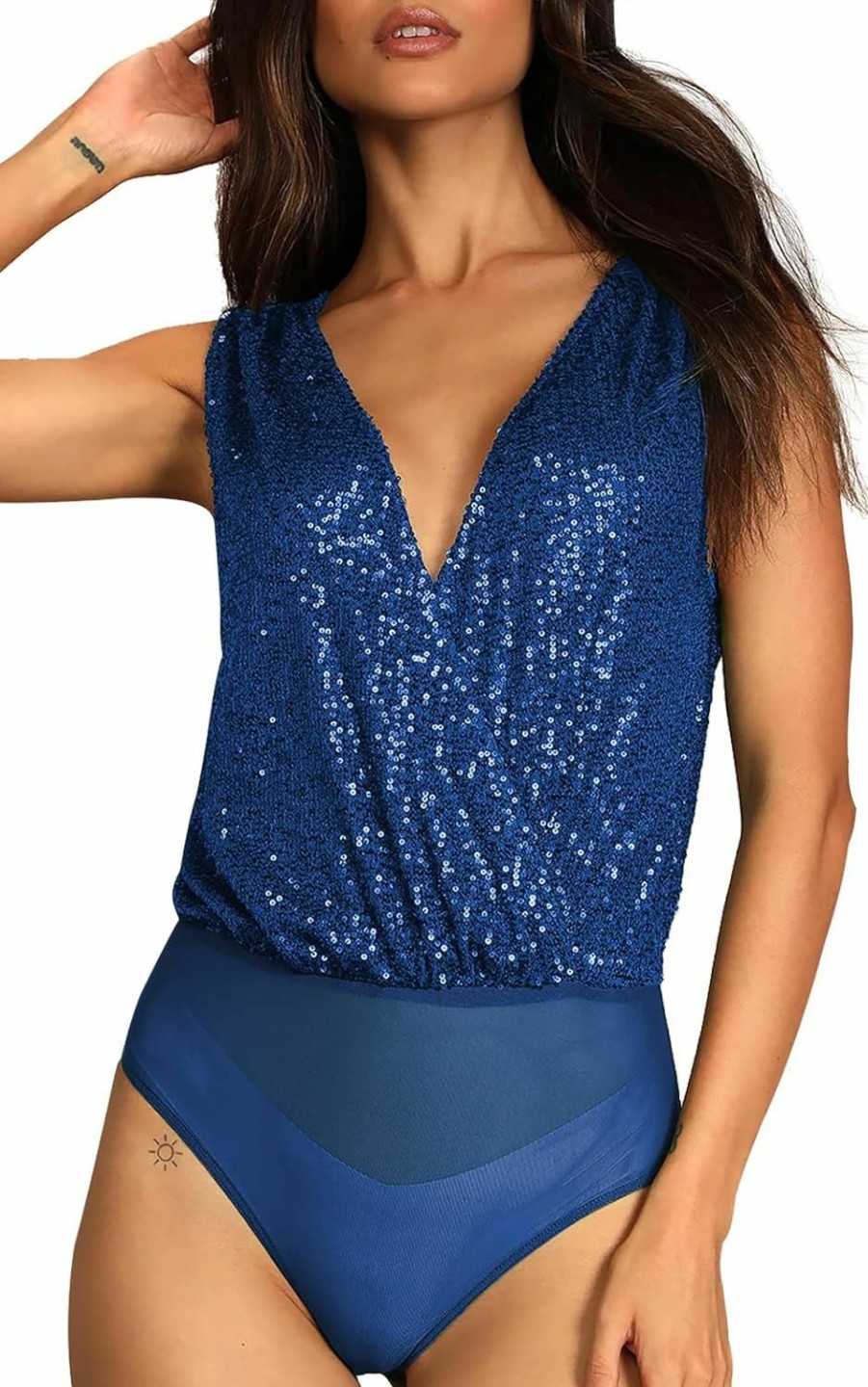 Ababalaya Ababalaya Sparkle Sequin Bodysuit For Women V-Neck Cowl Back Shiny Glitter One-Piece Top Bodysuits With Sheer Mesh Thong | Bodysuit Tops