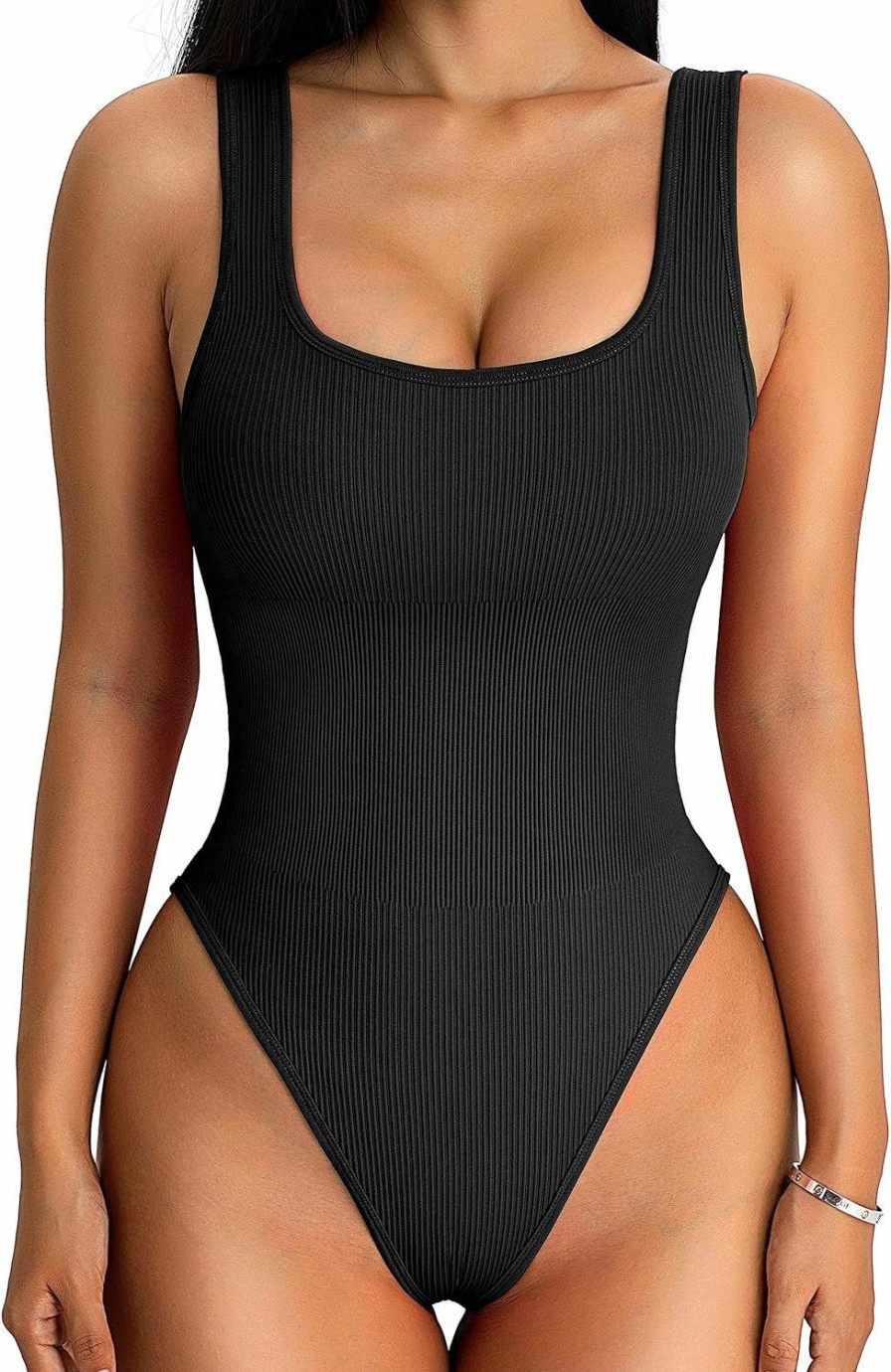 A AGROSTE A Agroste Women'S Seamless Ribbed Bodysuit Sleeveless Square Neck Padded Tank Top Bodysuit Dupes Sexy Bodysuit | Bodysuit Tops