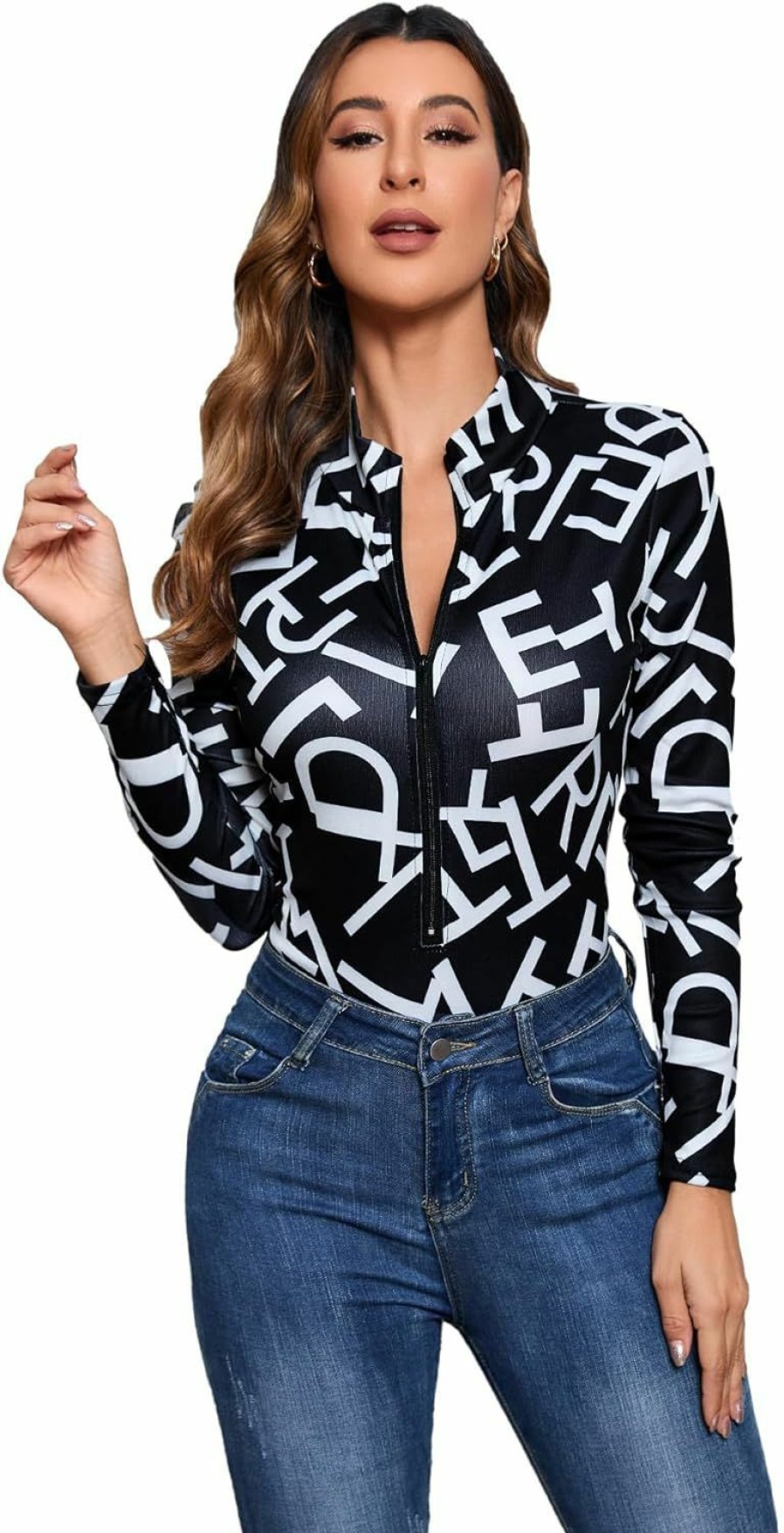 SweatyRocks Sweatyrocks Women'S Letter Print Mock Neck Long Sleeve Top Casual V Neck Zip Up Skinny Bodysuit Jumpsuit | Bodysuit Tops